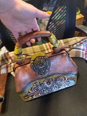 Artisan Embossed Floral Top-Handle Satchel - Brown and Olive